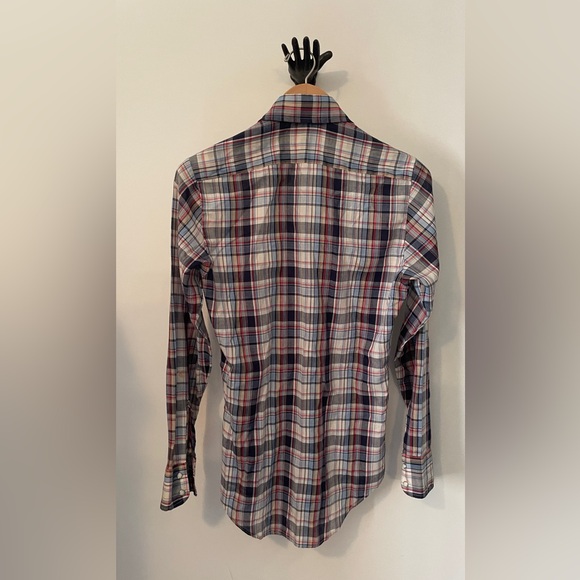S Vintage Plaid snap shirt.  Slim fit. Thin blue white red beige Grunge 90’s - Picture 4 of 10